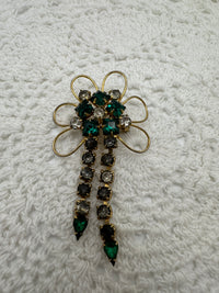 Czech Glass Rhinestone Green and Clear Brooch 1940's