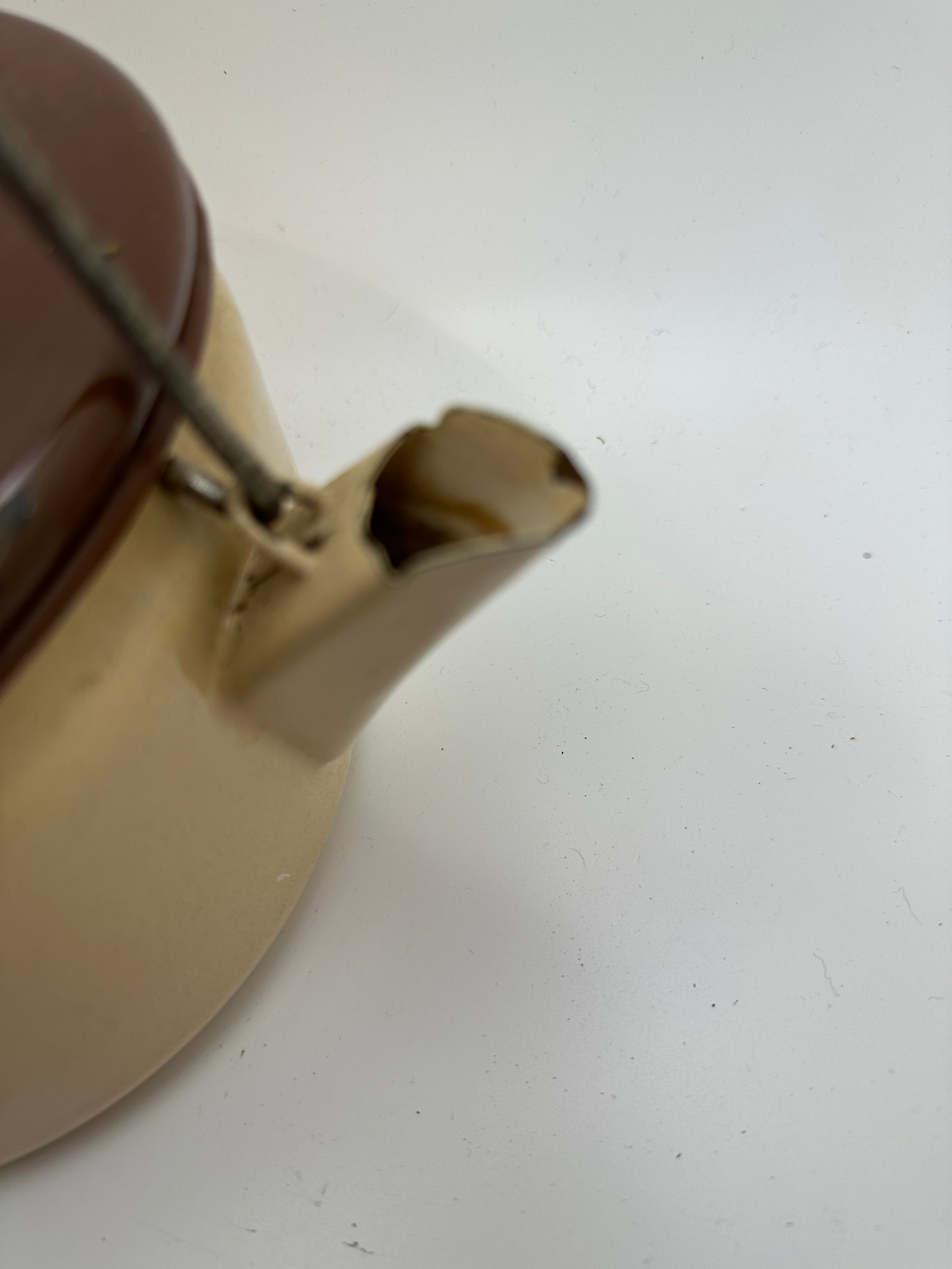 Vintage Tan and Brown Lid Enamelware Teapot