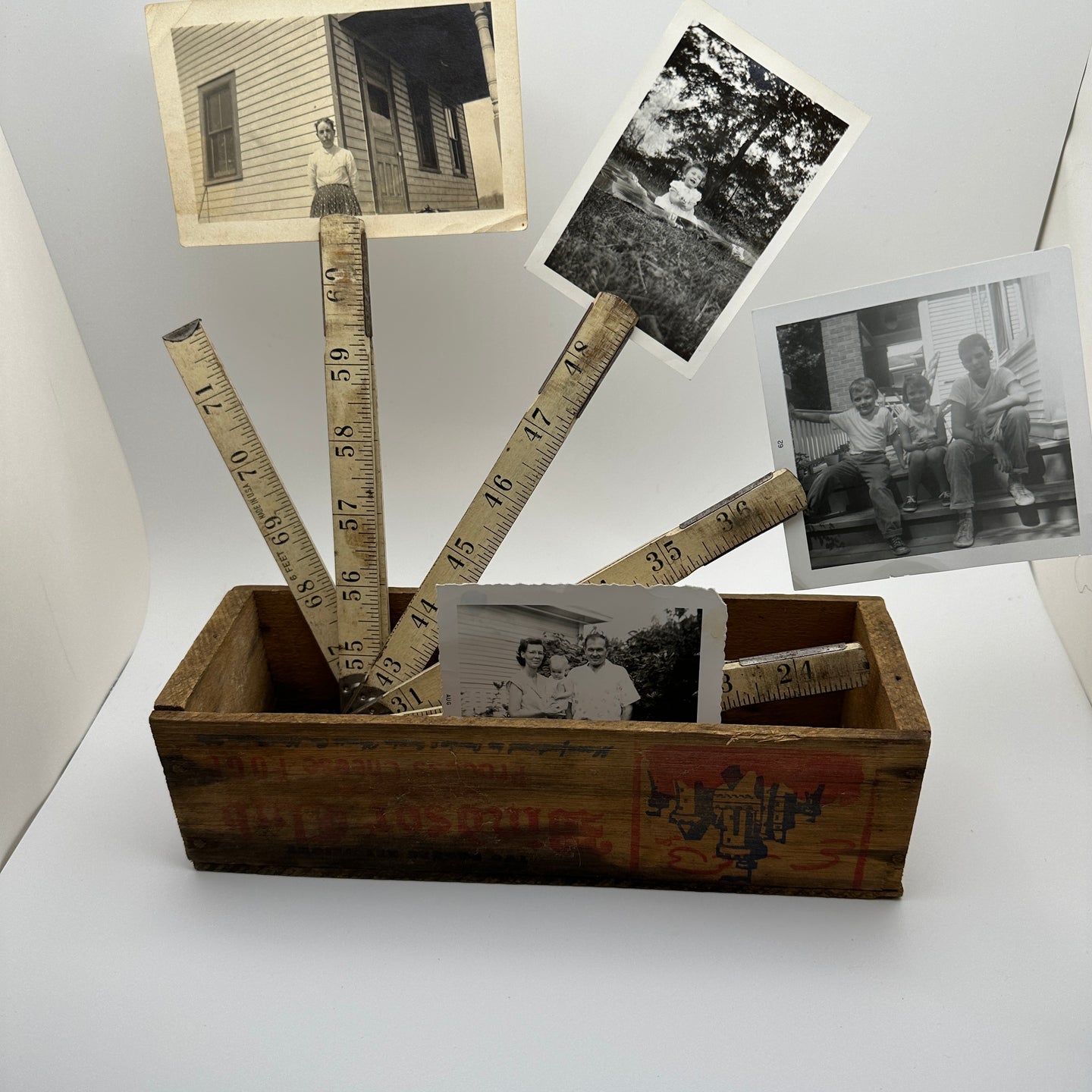 Cheese Box with Wooden Ruler as a Picture Holder