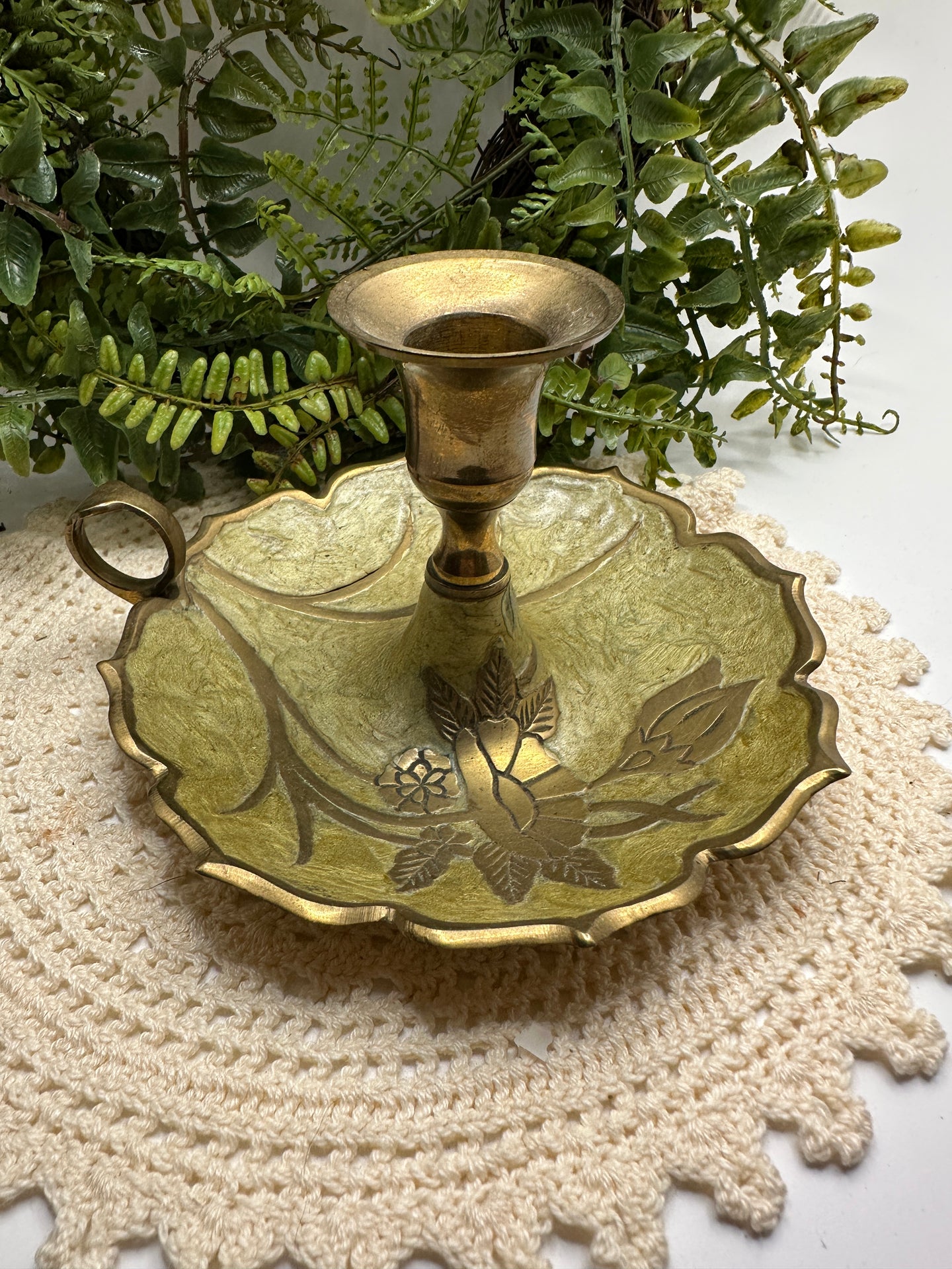 EnameledBrass Candlestick with Finger Loop