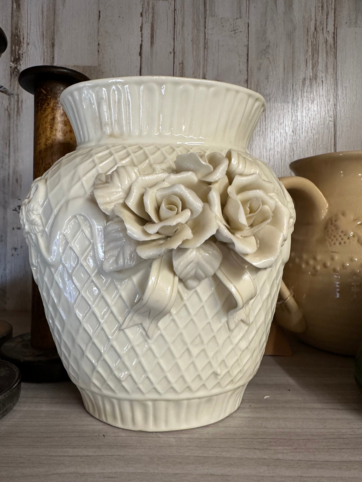 Vintage Porcelain Bisque Sculpted Rose Vase