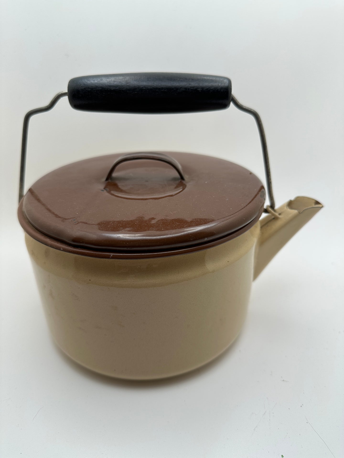 Vintage Tan and Brown Lid Enamelware Teapot