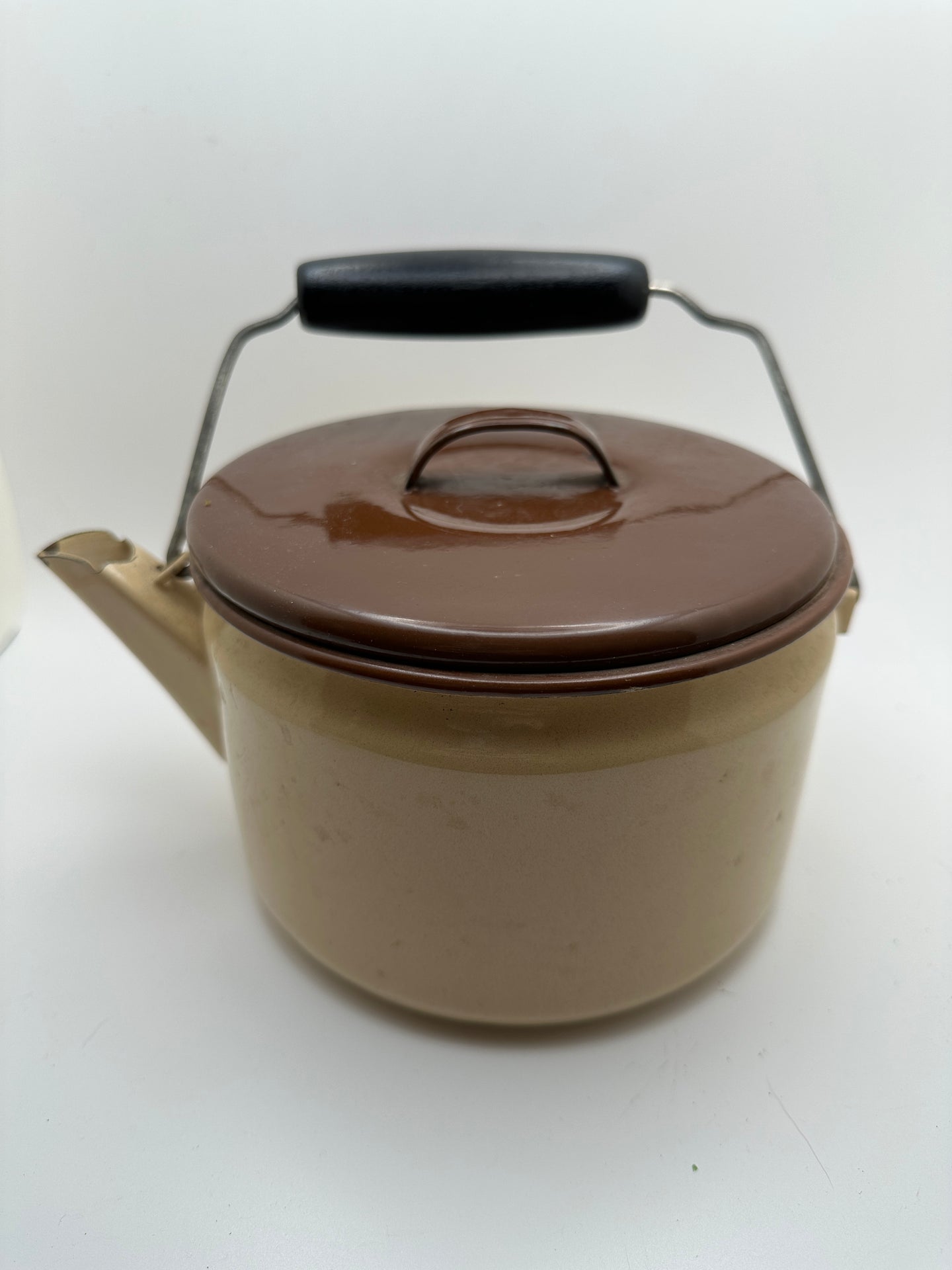 Vintage Tan and Brown Lid Enamelware Teapot