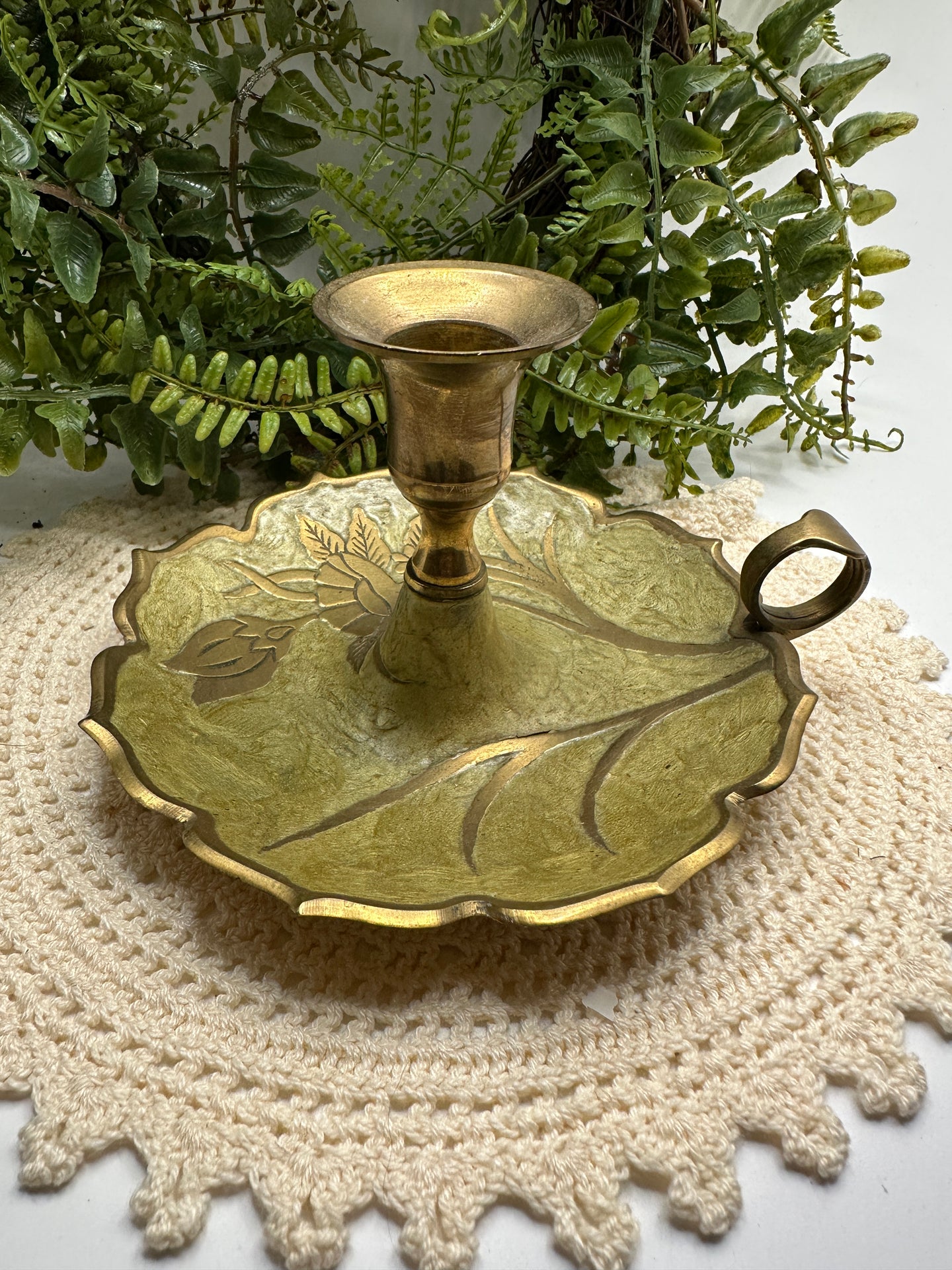 EnameledBrass Candlestick with Finger Loop