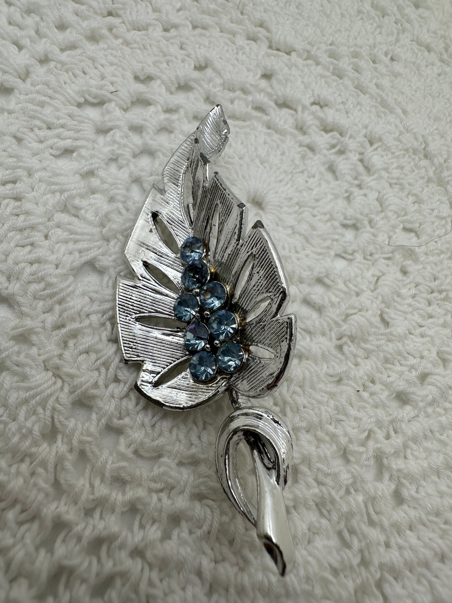 Vintage Coro Silver Leaf Pin with Blue Rhinestones