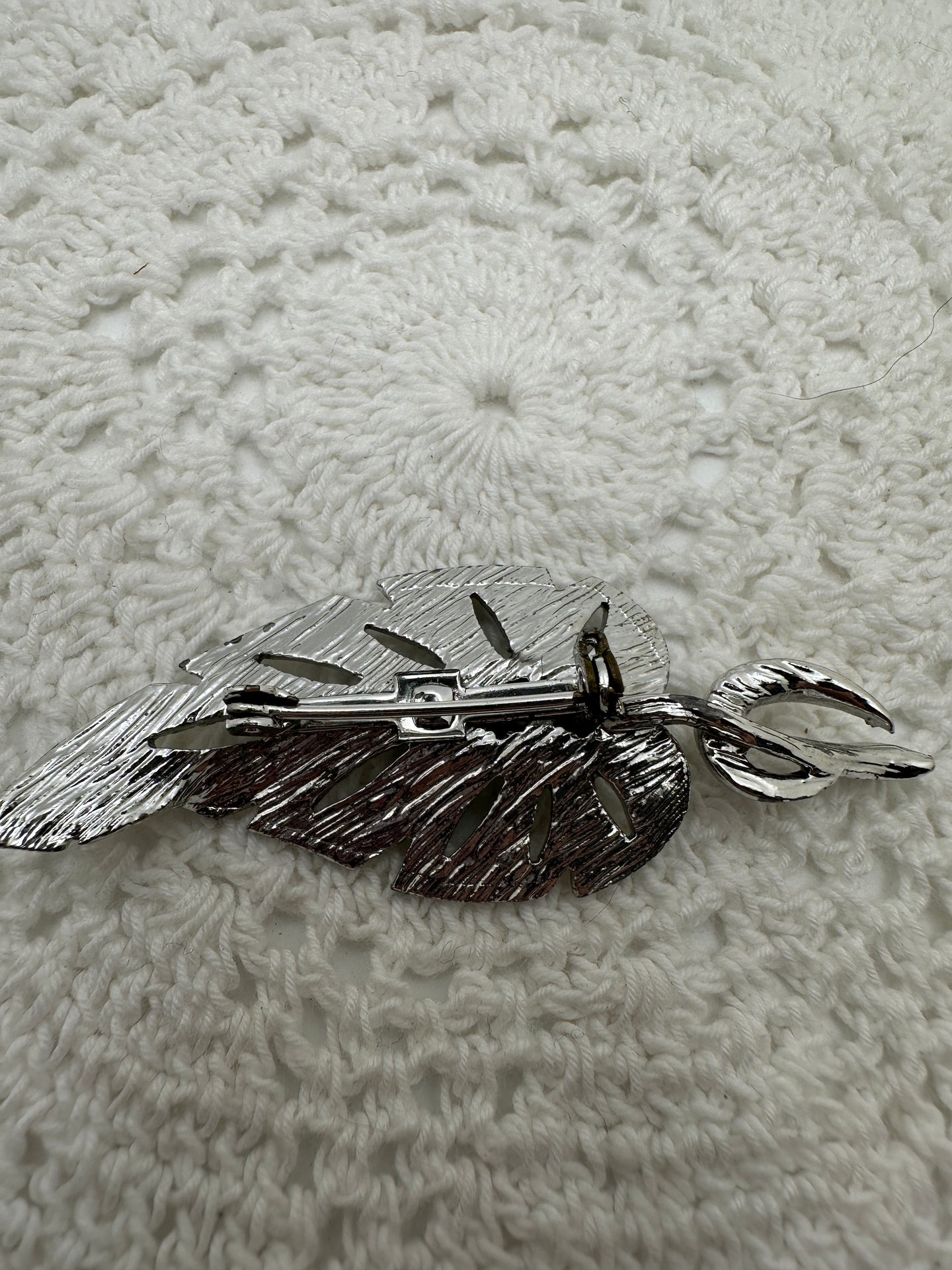 Vintage Coro Silver Leaf Pin with Blue Rhinestones