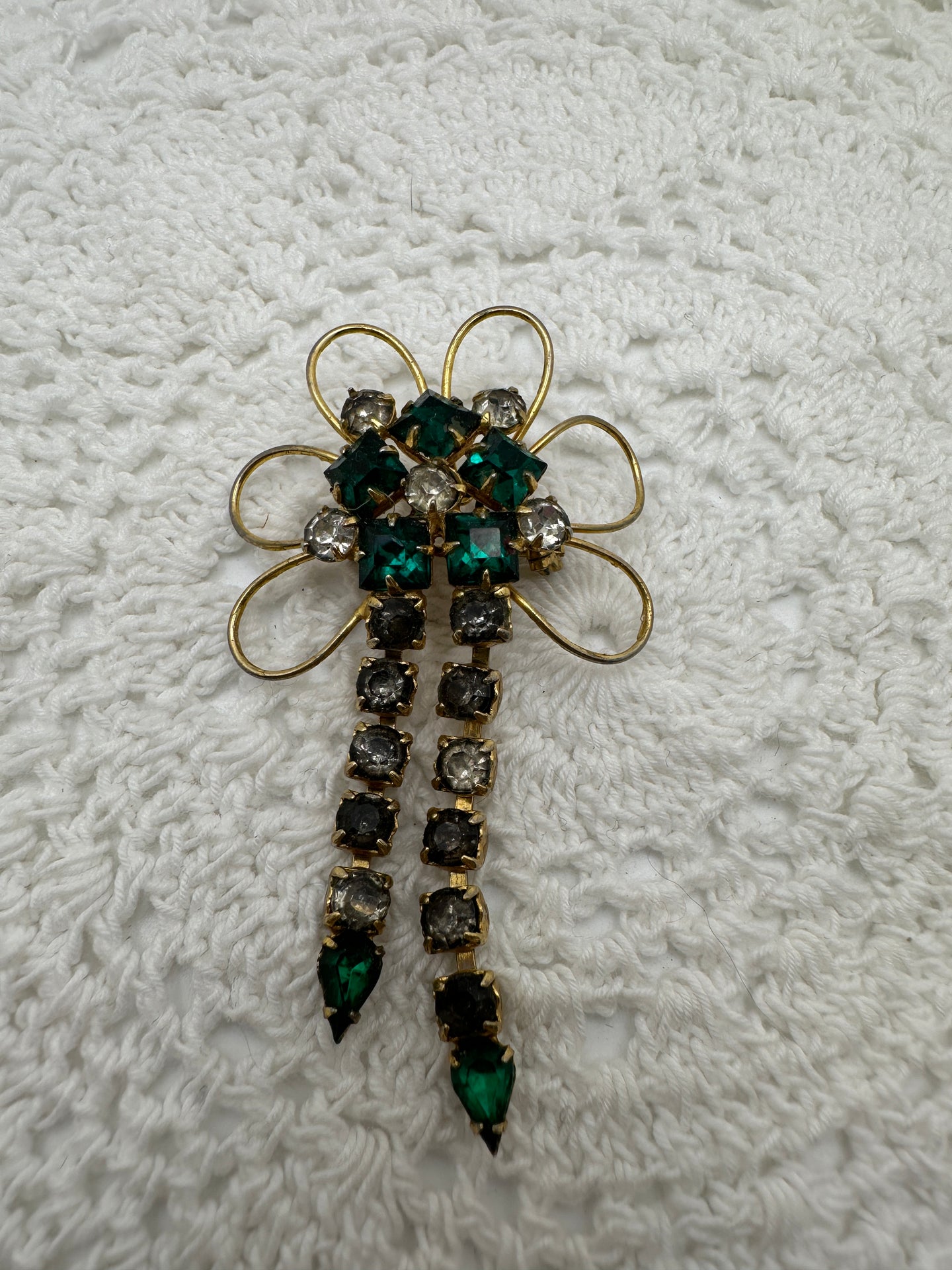 Czech Glass Rhinestone Green and Clear Brooch 1940's
